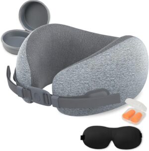 Travel Neck Pillow - Memory Foam U Shaped Airplane Pillow for Neck & Head Support, Portable Chin Support Travel Pillow with Carry Bag for Flight, Car, Train, Office (Grey)