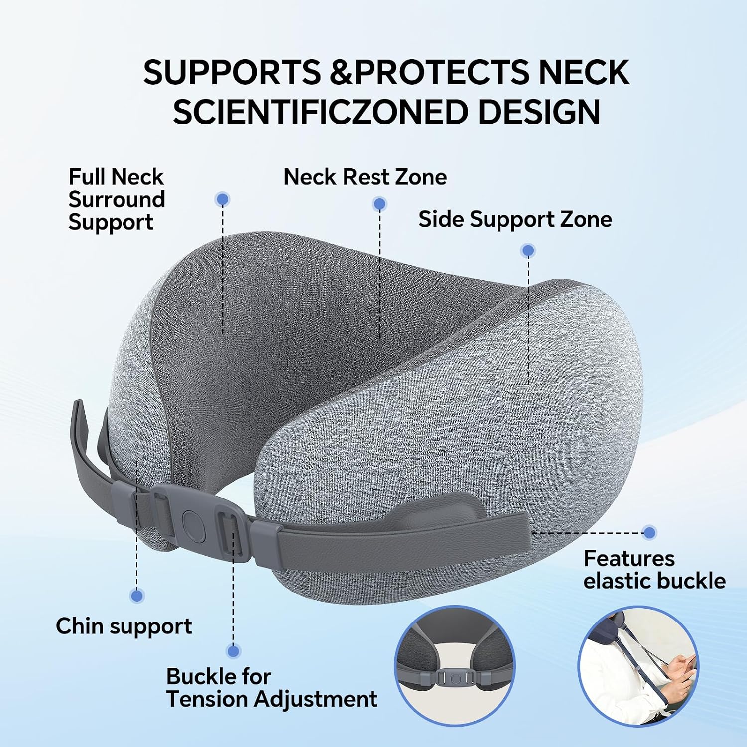 Travel Neck Pillow - Memory Foam U Shaped Airplane Pillow for Neck & Head Support, Portable Chin Support Travel Pillow with Carry Bag for Flight, Car, Train, Office (Grey) - Image 2