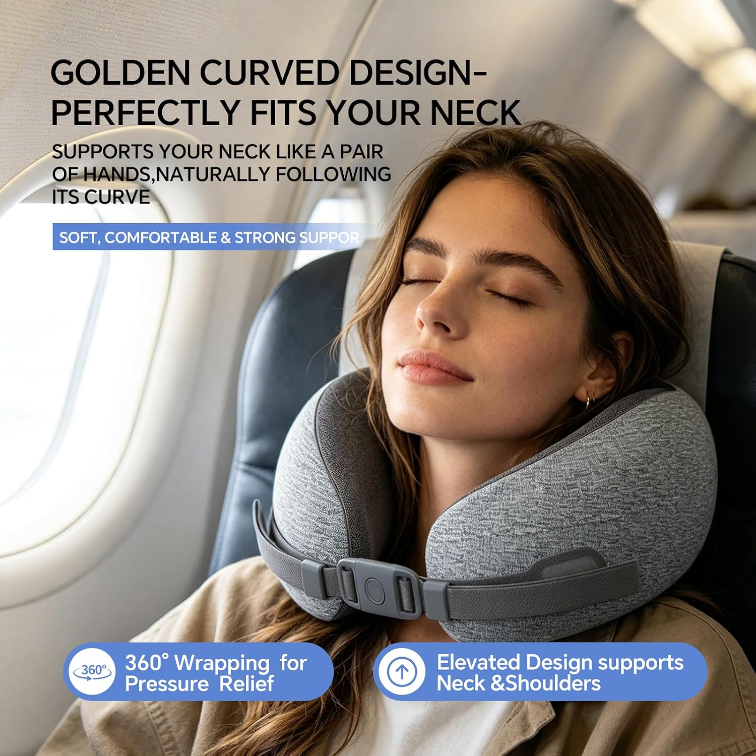Travel Neck Pillow - Memory Foam U Shaped Airplane Pillow for Neck & Head Support, Portable Chin Support Travel Pillow with Carry Bag for Flight, Car, Train, Office (Grey) - Image 5