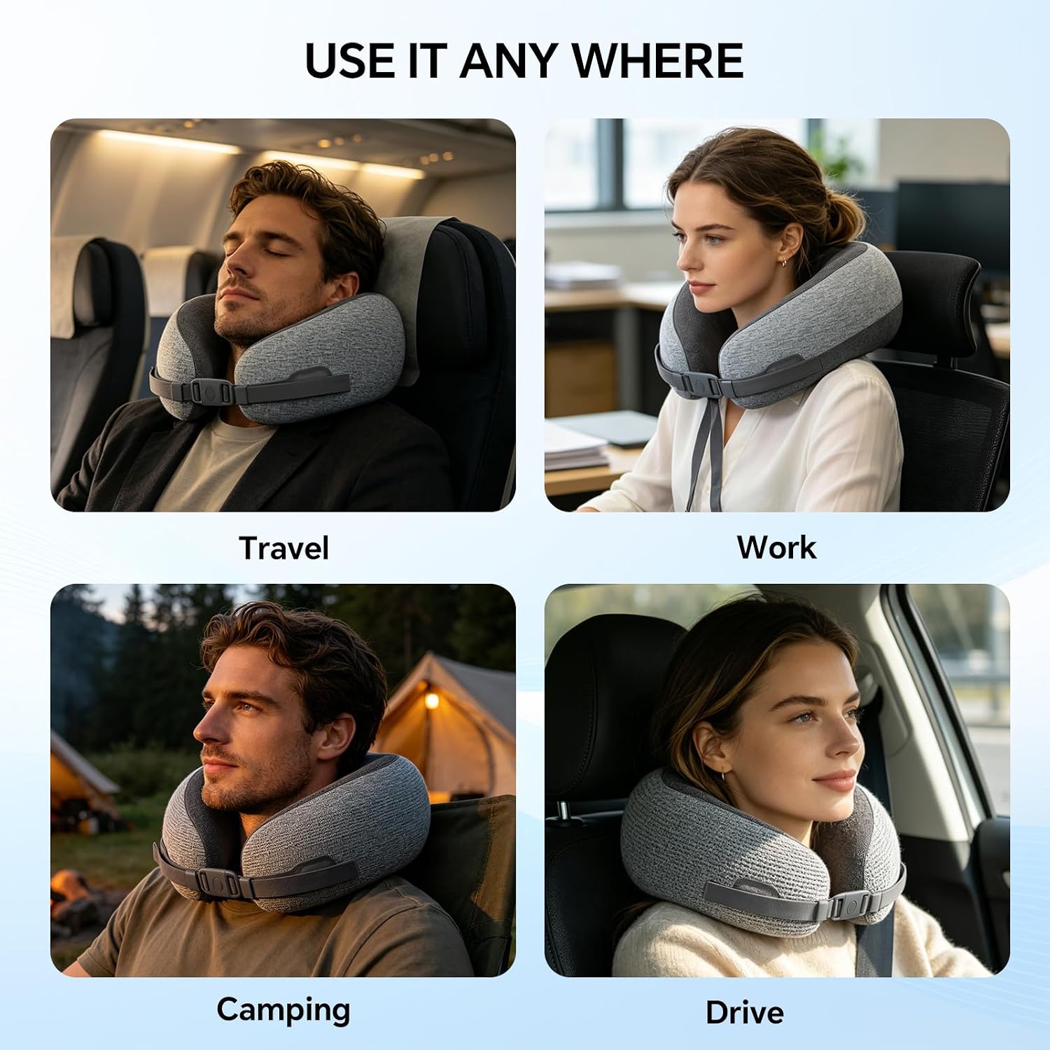 Travel Neck Pillow - Memory Foam U Shaped Airplane Pillow for Neck & Head Support, Portable Chin Support Travel Pillow with Carry Bag for Flight, Car, Train, Office (Grey) - Image 6
