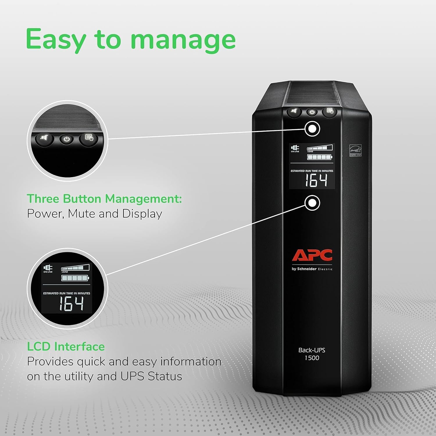 APC UPS 1500VA/900W, LCD, AVR, UPS Battery Backup & Surge Protector BX1500M | Back-UPS Pro 1500VA UPS for home offices. 10 outlets, surge protect, UL cert, 68-min runtime (@100W) for PCs & workstations - Image 3