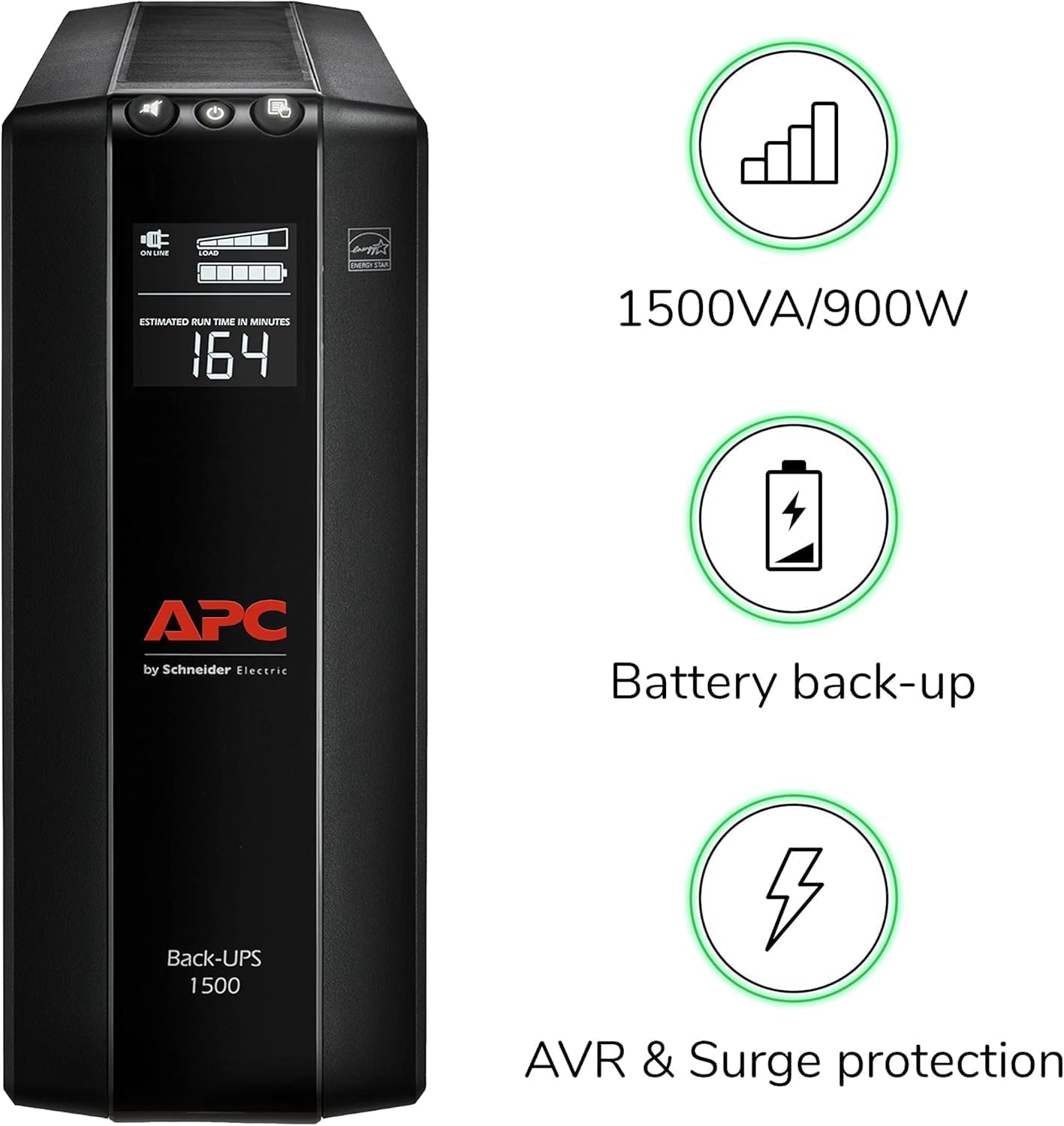 APC UPS 1500VA/900W, LCD, AVR, UPS Battery Backup & Surge Protector BX1500M | Back-UPS Pro 1500VA UPS for home offices. 10 outlets, surge protect, UL cert, 68-min runtime (@100W) for PCs & workstations - Image 4